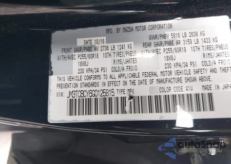 2016 Mazda Cx-9 Touring from USA, damaged, VIN JM3TCBCY6G0125815